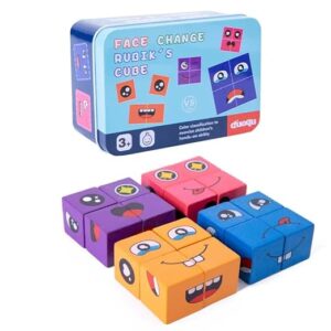 Face Change Cube Game, Wooden Expressions Matching Block Puzzle ? 16 blocks , 72 cards ? Blue Tin Box